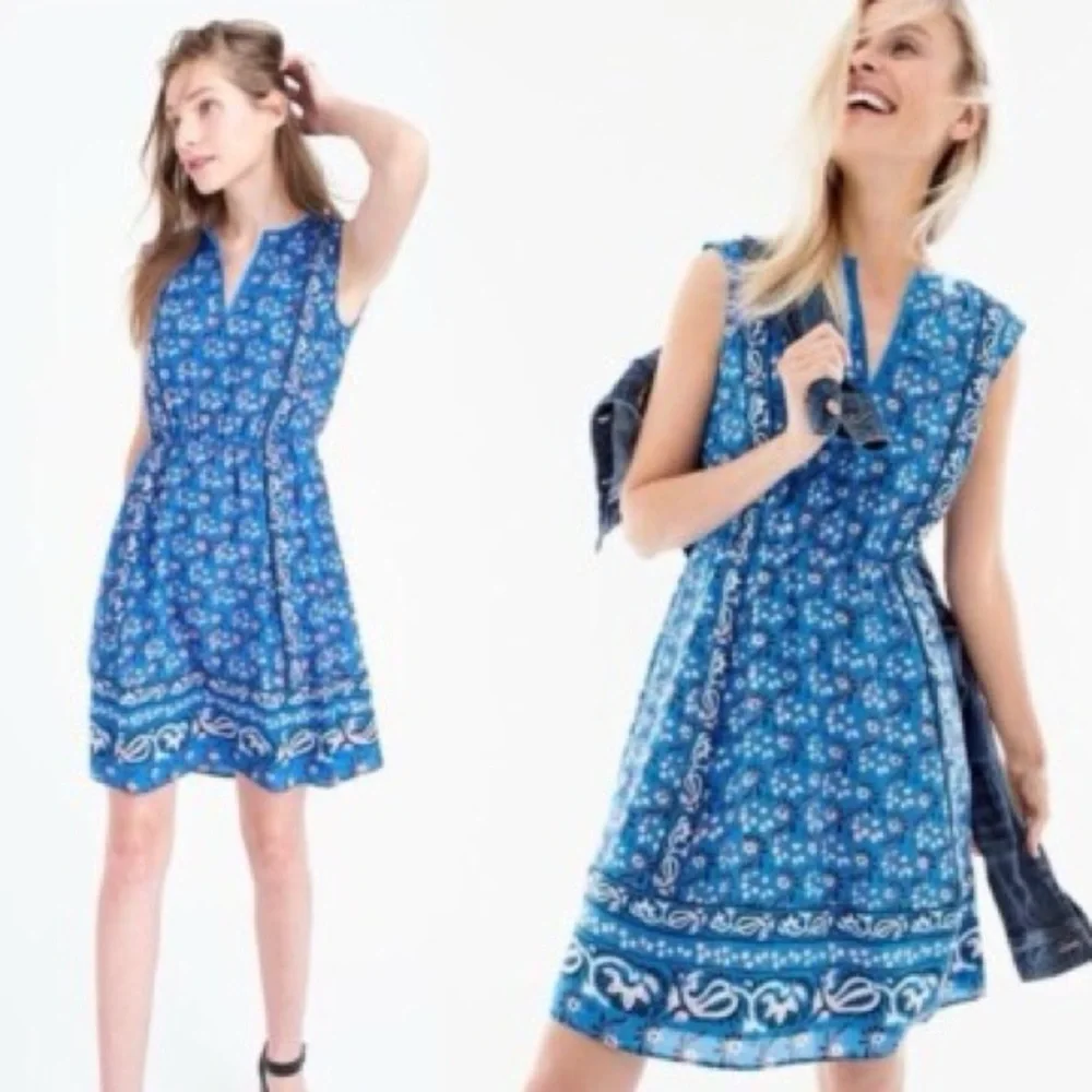 J. CREW Blue 100% Silk Vintage Scarf Floral Mini Dress Size 4P